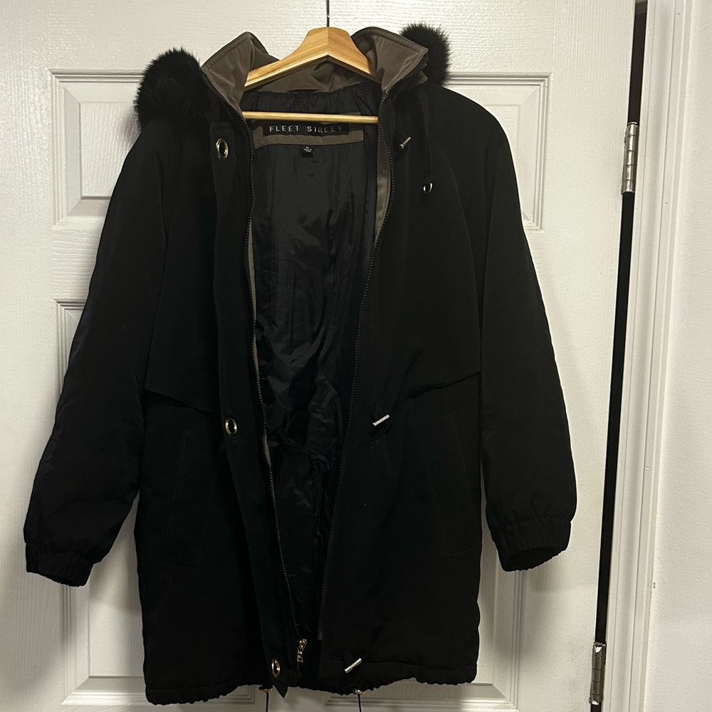 Black Parka Jacket with Fur Trim by Fleet Street